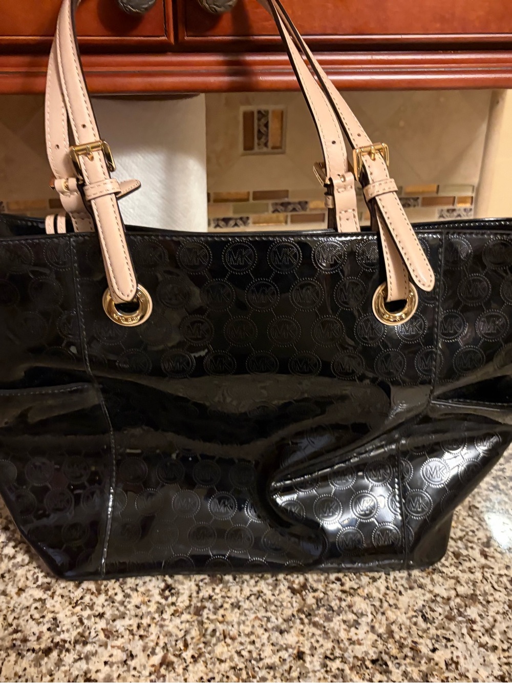 Michael Kors Black Patent Tote with Cream Leather Straps